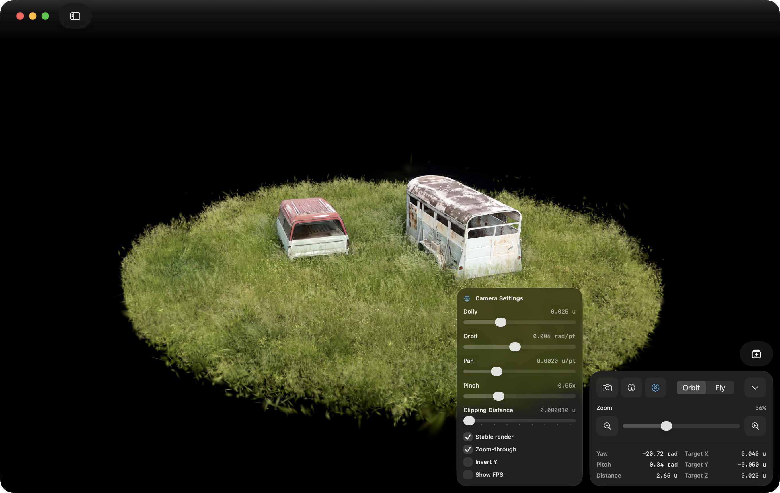 Splats viewer showing camera and renderer controls