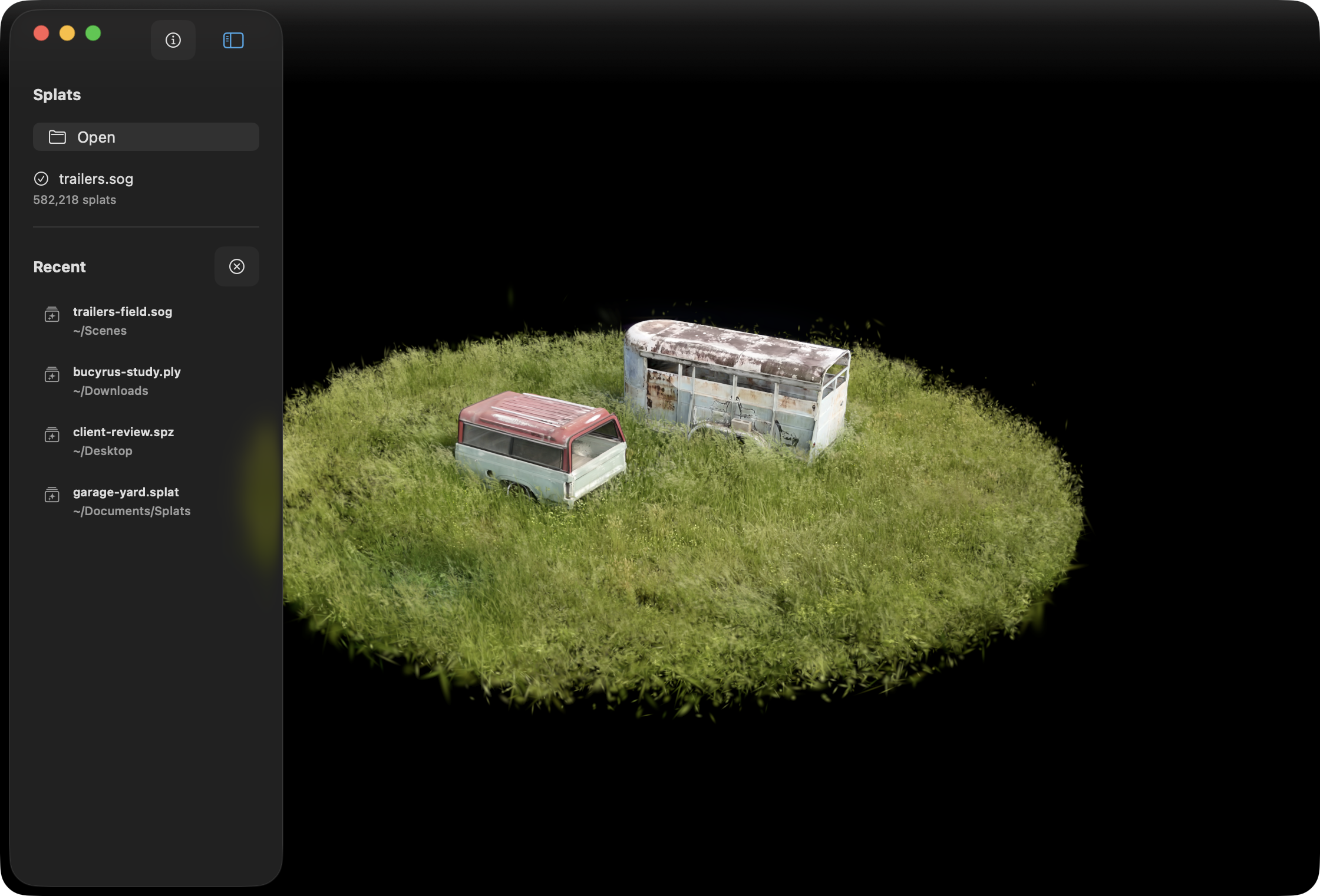 Splats file browser showing recent Gaussian splat scenes